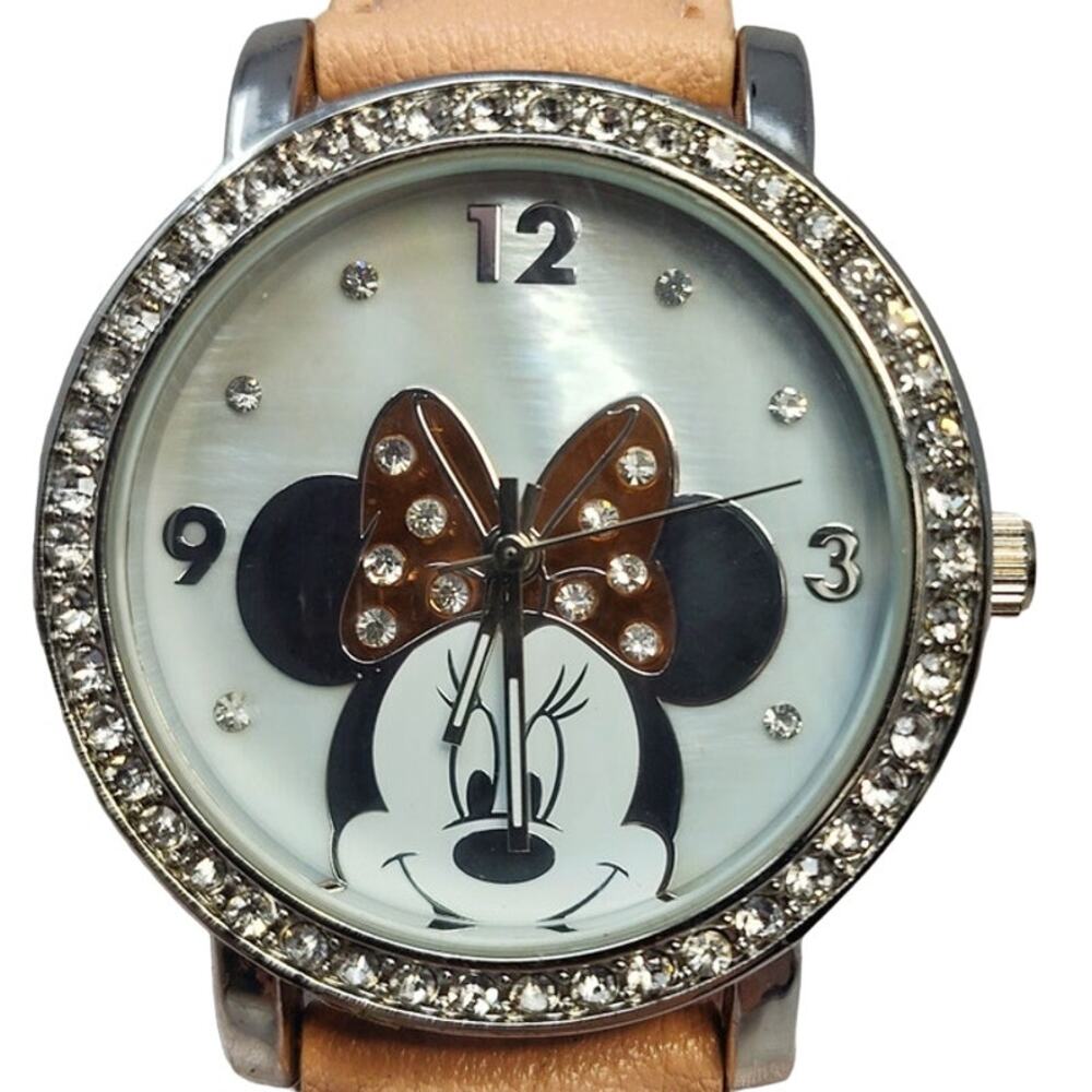 Disney Minnie Mouse Watch Silver Face Rhinestone Bow